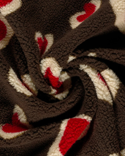 Tissu Sherpa Marron Motif Cœur Rouge - Mercerine