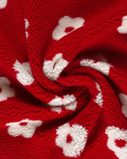 Tissu Sherpa Rouge Motif Fleurs Blanches - Mercerine