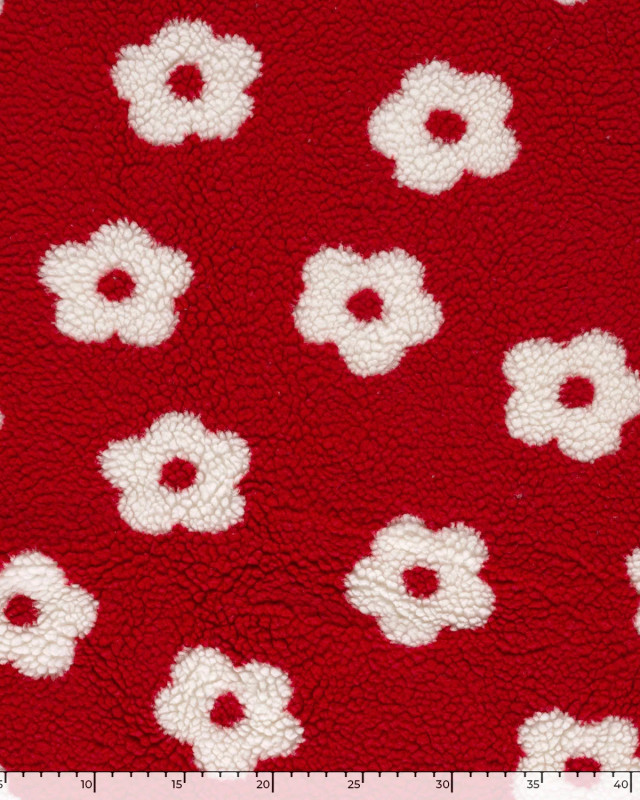 Tissu Sherpa Rouge Motif Fleurs Blanches - Mercerine