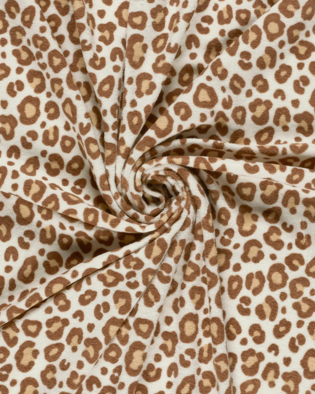 Tissu Jersey Mini Eponge Ecru Motif Léopard Marron - Mercerine
