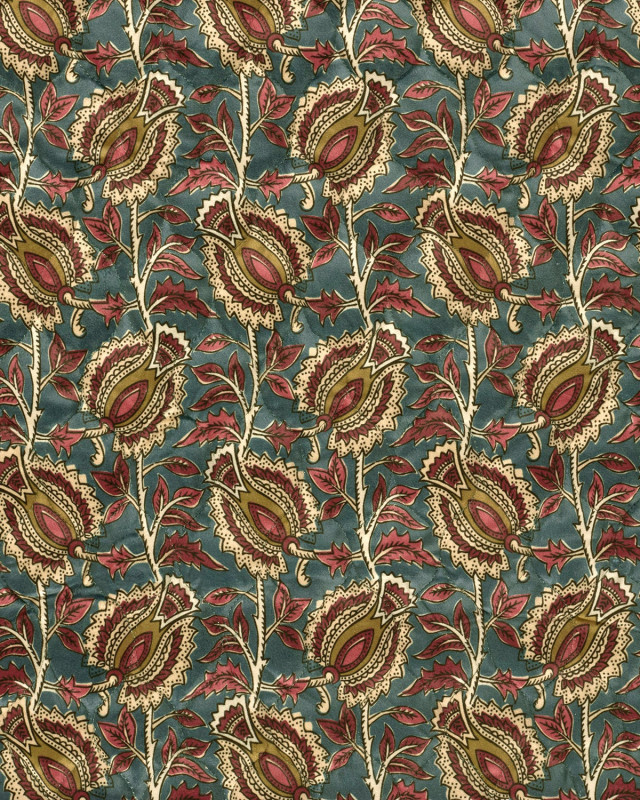 Matelassé Toucher Velours Motif Floral Esprit Indien Bleu - Mercerine