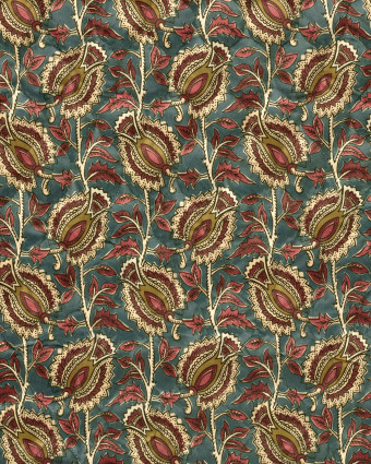 Matelassé Toucher Velours Motif Floral Esprit Indien Bleu - Mercerine