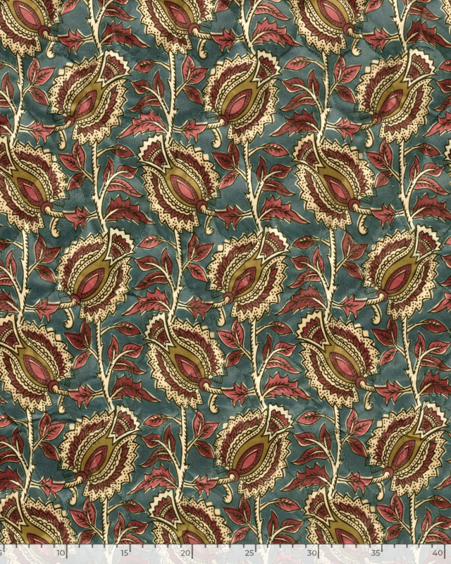 Matelassé Toucher Velours Motif Floral Esprit Indien Bleu - Mercerine