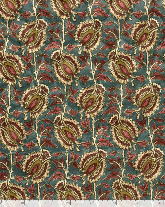 Matelassé Toucher Velours Motif Floral Esprit Indien Bleu - Mercerine