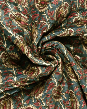 Matelassé Toucher Velours Motif Floral Esprit Indien Bleu - Mercerine