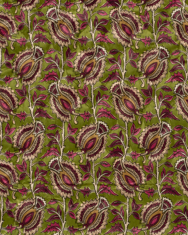 Matelassé Toucher Velours Motif Floral Esprit Indien Vert - Mercerine