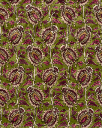 Matelassé Toucher Velours Motif Floral Esprit Indien Vert - Mercerine