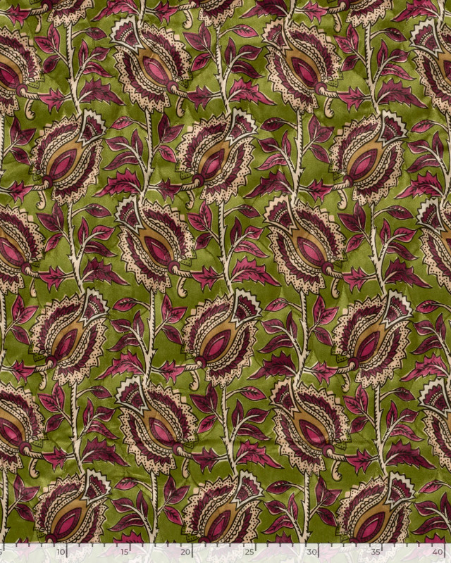 Matelassé Toucher Velours Motif Floral Esprit Indien Vert - Mercerine