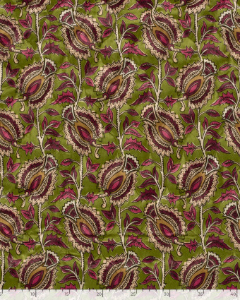 Matelassé Toucher Velours Motif Floral Esprit Indien Vert - Mercerine