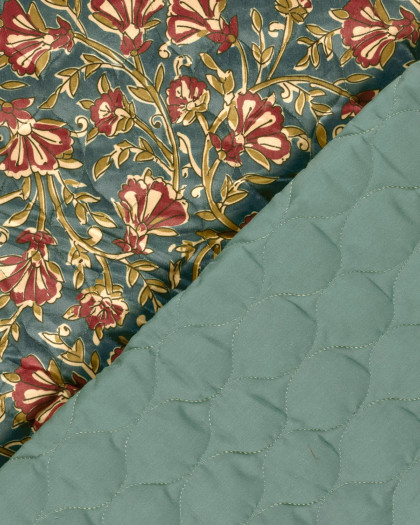 Matelassé Toucher Velours Motif Fleuri Esprit Indien Bleu - Mercerine