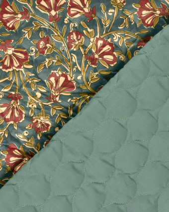 Matelassé Toucher Velours Motif Fleuri Esprit Indien Bleu - Mercerine