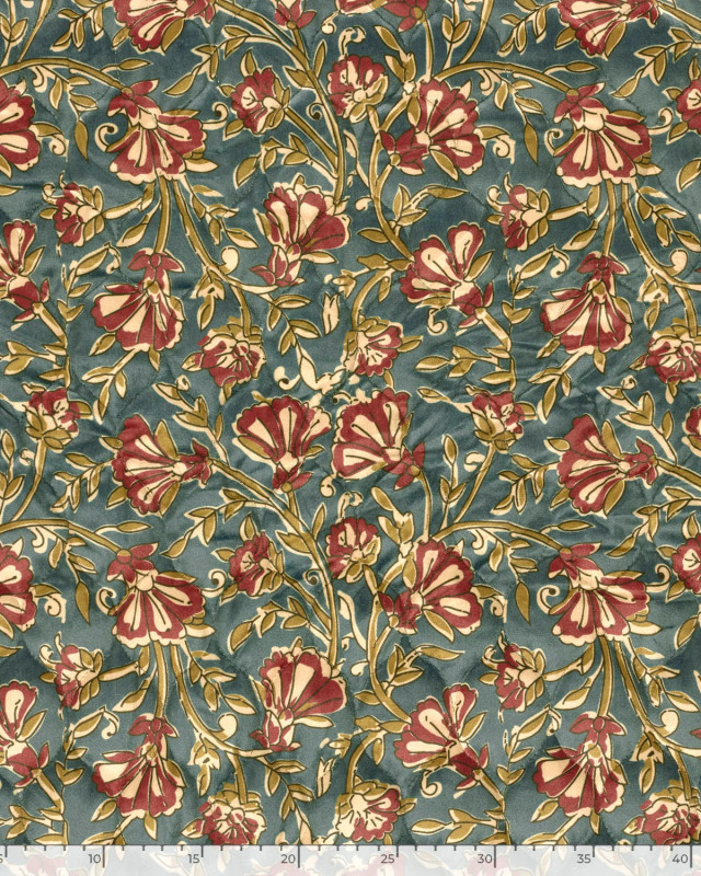 Matelassé Toucher Velours Motif Fleuri Esprit Indien Bleu - Mercerine