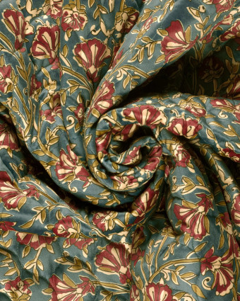Matelassé Toucher Velours Motif Fleuri Esprit Indien Bleu - Mercerine