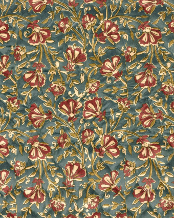 Matelassé Toucher Velours Motif Fleuri Esprit Indien Bleu - Mercerine