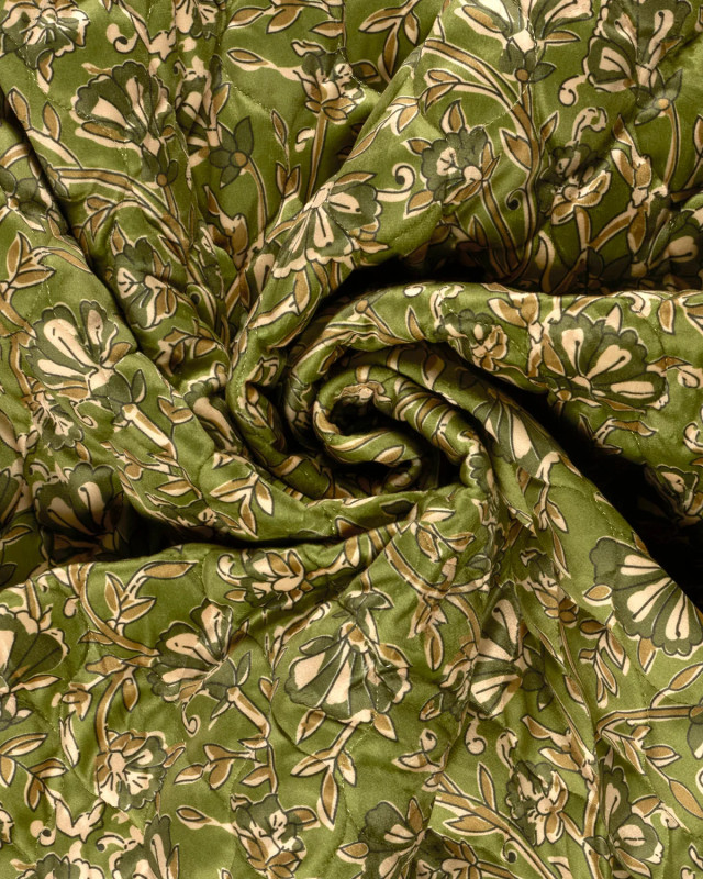 Matelassé Toucher Velours Motif Fleuri Esprit Indien Vert - Mercerine