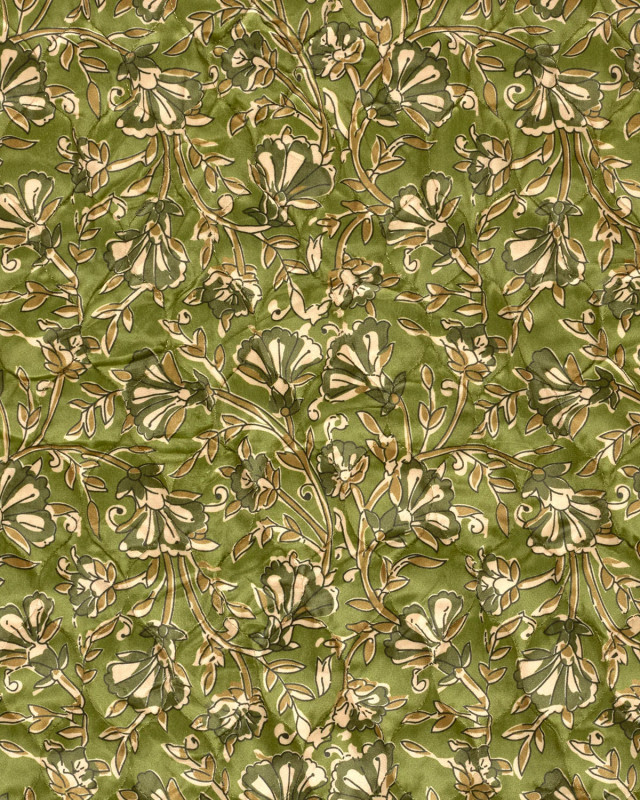 Matelassé Toucher Velours Motif Fleuri Esprit Indien Vert - Mercerine