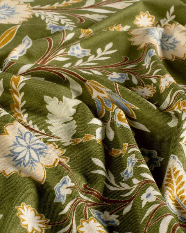 Jersey de Viscose Motif Floral Fond Vert - Mercerine