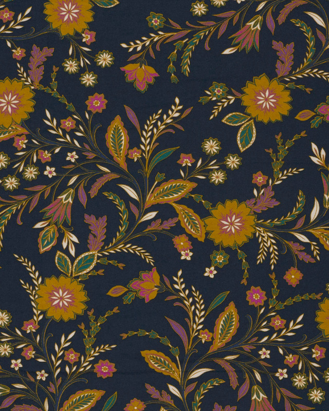 Jersey de Viscose Motif Floral Fond Bleu Marine - Mercerine