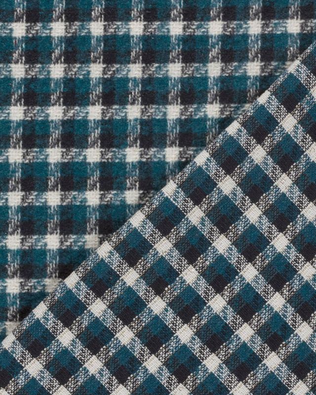 Tissu Tweed à Carreaux Bleu Canard Touche Lurex Doré - Mercerine