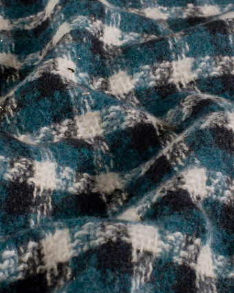Tissu Tweed à Carreaux Bleu Canard Touche Lurex Doré - Mercerine