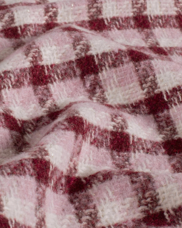 Tissu Tweed à Carreaux Rose et Bordeaux Touche Lurex Doré - Mercerine