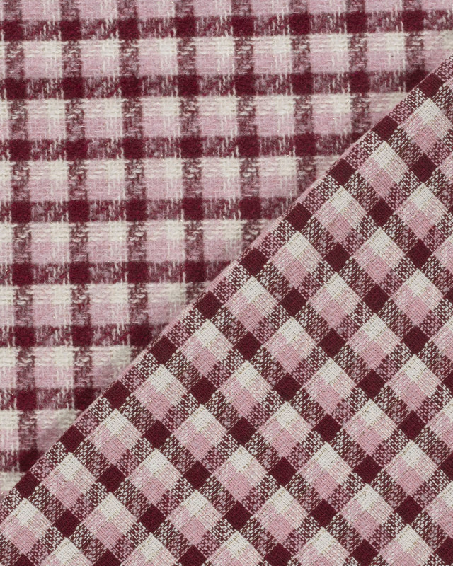 Tissu Tweed à Carreaux Rose et Bordeaux Touche Lurex Doré - Mercerine
