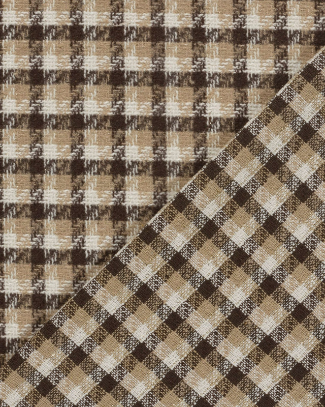 Tissu Tweed à Carreaux Cacao Touche Lurex Doré - Mercerine