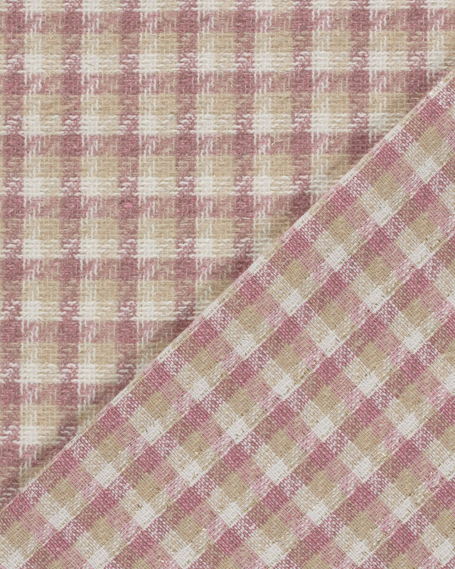 Tissu Tweed à Carreaux Rose Clair Touche Lurex Doré - Mercerine