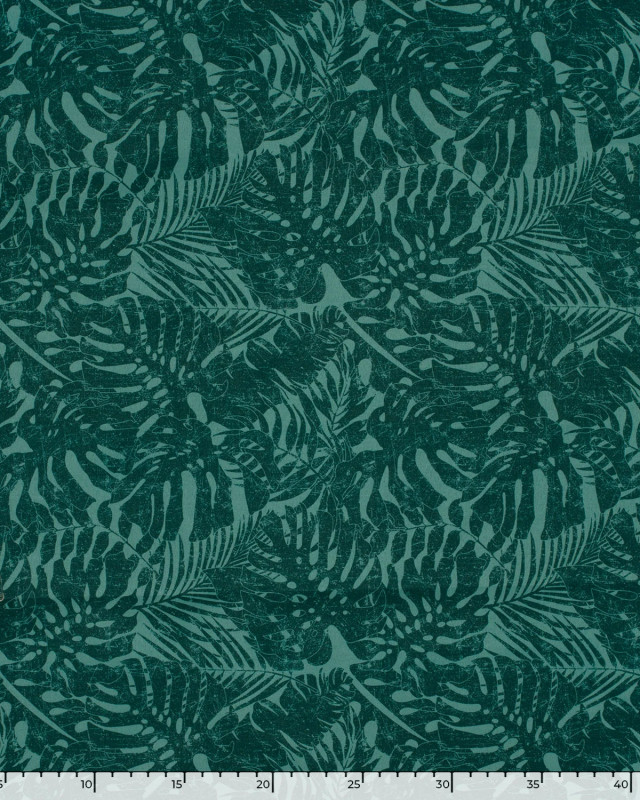 Tissu Short de Bain Déperlant Feuillage Tropical Bleu Vert - Mercerine
