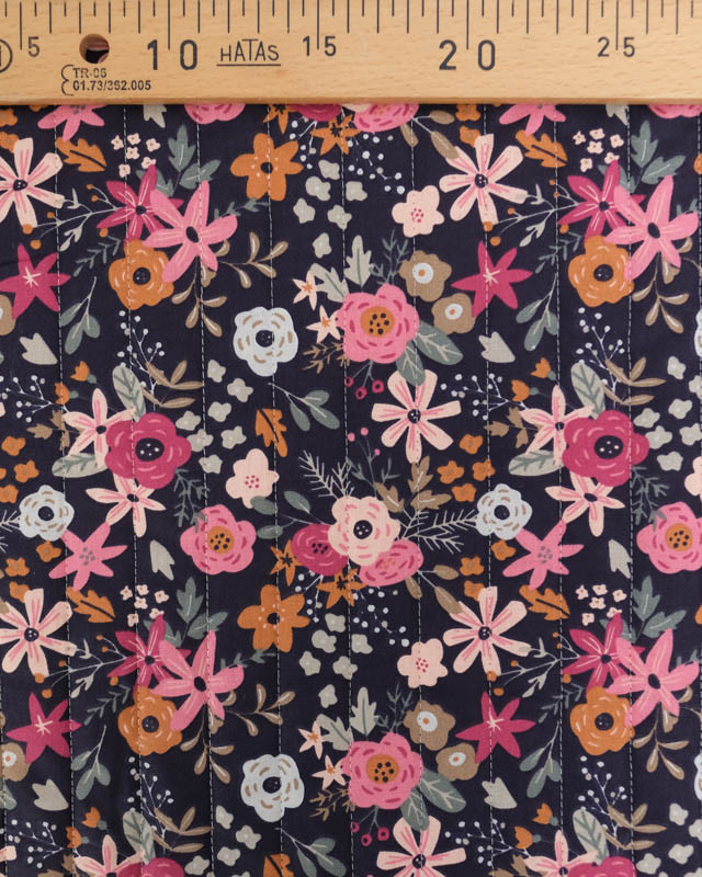 Tissu Matelassé Double Face Motif Fleuri Sur fond Bleu Nuit - Mercerine