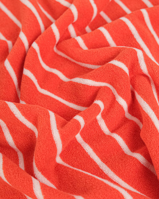 Jersey Mini Eponge Fines Rayures Tangerine Ecru - Mercerine