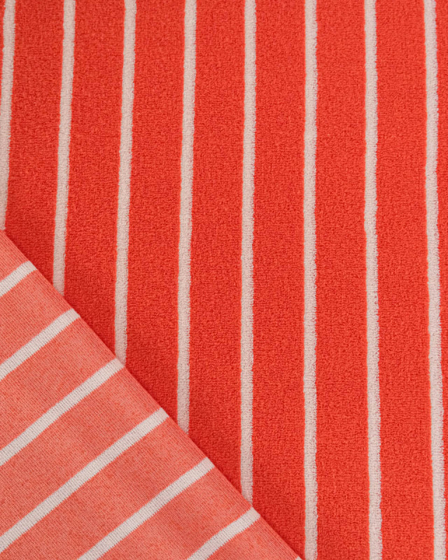 Jersey Mini Eponge Fines Rayures Tangerine Ecru - Mercerine
