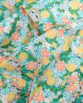 Tissu Coton Bleu Vert Fleurs Colorées Japonisantes - Mercerine