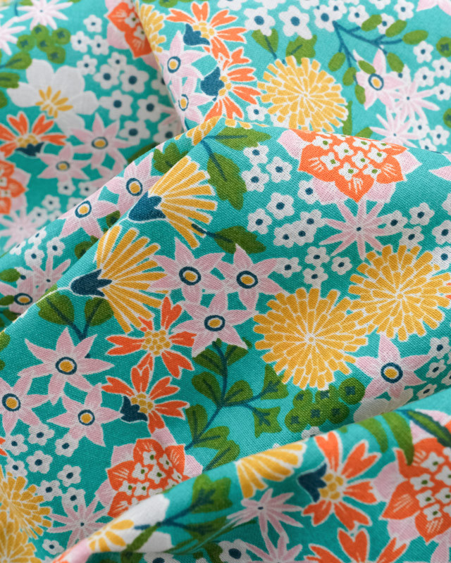 Tissu Coton Bleu Vert Fleurs Colorées Japonisantes  - Mercerine