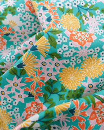 Tissu Coton Bleu Vert Fleurs Colorées Japonisantes  - Mercerine