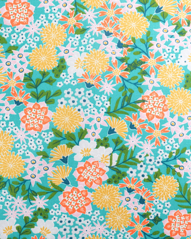 Tissu Coton Bleu Vert Fleurs Colorées Japonisantes  - Mercerine