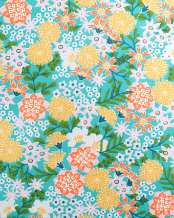 Tissu Coton Bleu Vert Fleurs Colorées Japonisantes  - Mercerine