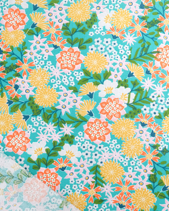 Tissu Coton Bleu Vert Fleurs Colorées Japonisantes  - Mercerine