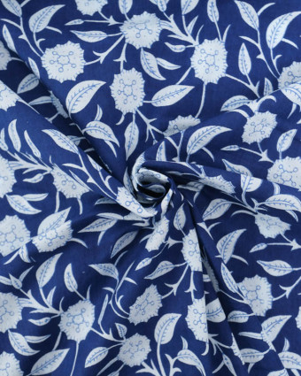 Voile de Coton Esprit Indien Bleu Marine Imprimé Floral - Mercerine