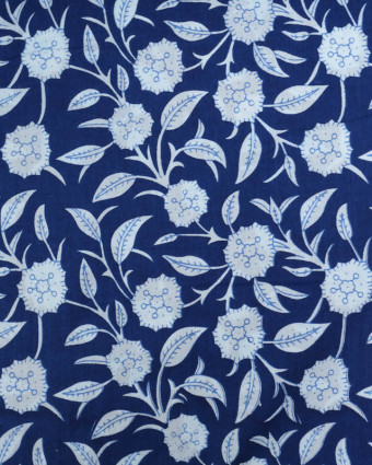 Voile de Coton Esprit Indien Bleu Marine Imprimé Floral - Mercerine