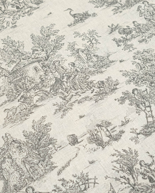 Tissu Coton Motif Toile de Jouy Noir - Mercerine