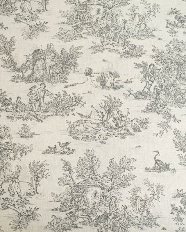 Tissu Coton Motif Toile de Jouy Noir - Mercerine