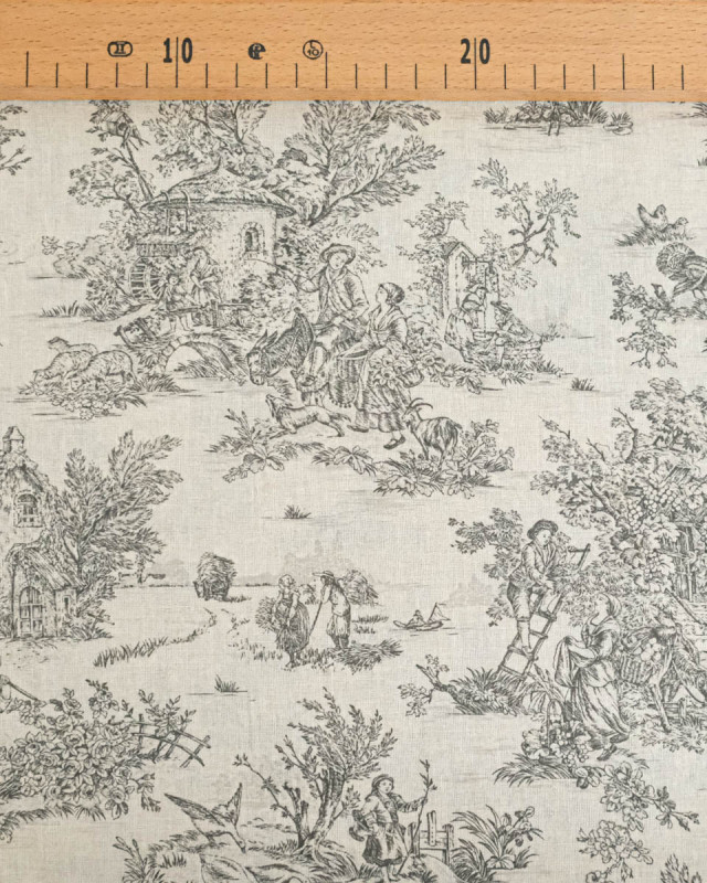 Tissu Coton Motif Toile de Jouy Noir - Mercerine