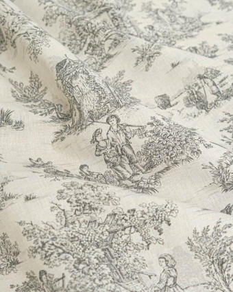 Tissu Coton Motif Toile de Jouy Noir - Mercerine