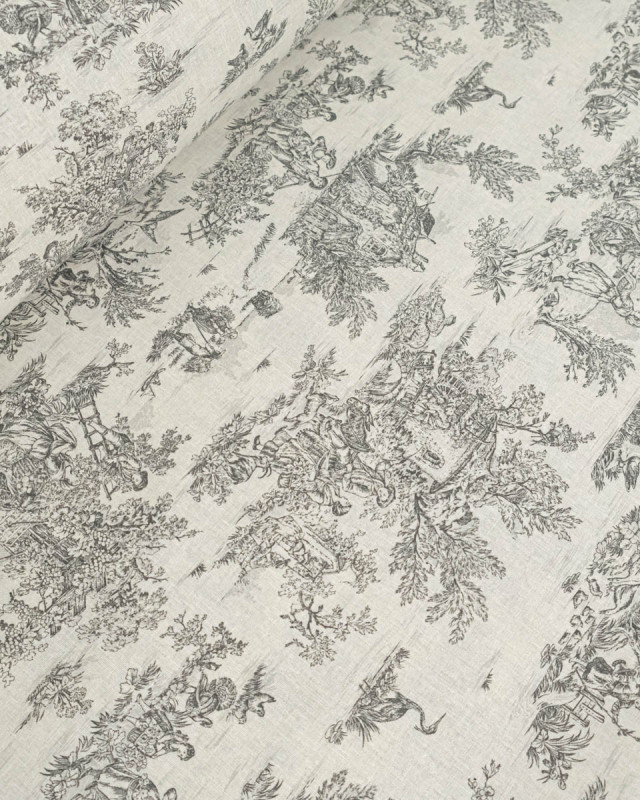 Tissu Coton Motif Toile de Jouy Noir - Mercerine