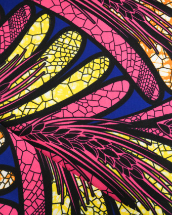 Tissu Wax Motif Epis de Blé Rose et Jaune Fond Bleu - Mercerine