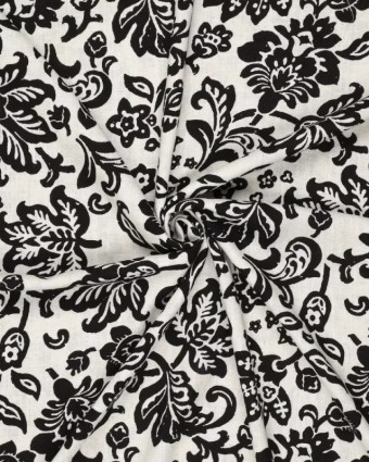 Viscose Lin Ecrue Motif Floral Noir - Mercerine