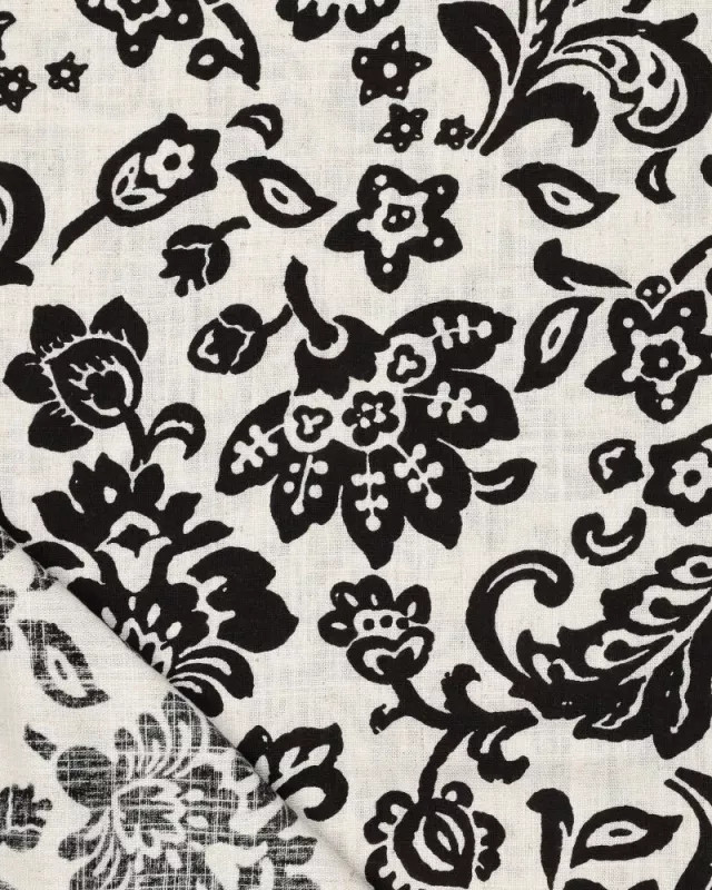 Viscose Lin Ecrue Motif Floral Noir - Mercerine