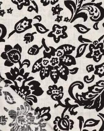 Viscose Lin Ecrue Motif Floral Noir - Mercerine
