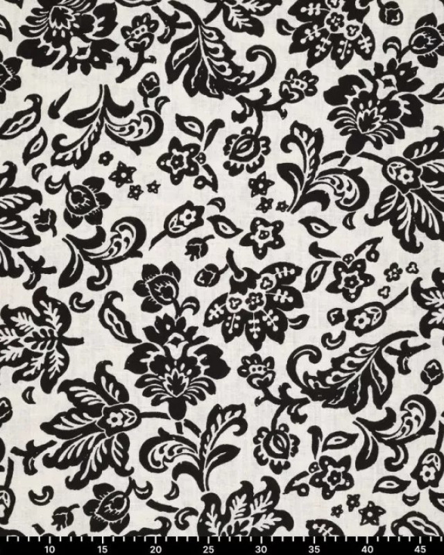 Viscose Lin Ecrue Motif Floral Noir - Mercerine